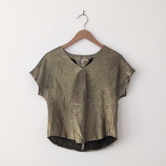 Vintage Y2K Sparkly Gold and Black Cap Sleeve T- Shirt  Small - Picture 1 of 5